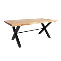 Table à manger en bois d'acacia massif industriel avec bordure naturelle, pieds en métal noir, design moderne pour la maison et les restaurants, design le plus populaire
