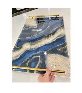 <b>Epoxy</b> Resin Serving Tray Green Resin <b>Metal</b> gold Handle Chocolate Coffee Tray For Best Sale product - Product Image 4