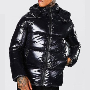 Vestes à capuche noires coupe-vent pour hommes, décontractées, hiver, fermeture éclair, rembourrage épais en polyester, couleur unie, vestes matelassées - Product Image 3