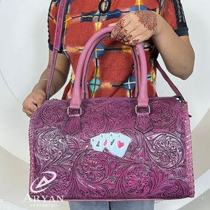 Custom Travel Portable Hand Tooled Leather Crossbody Speedy Duffle <b>Bag</b> Durable Card Design Genuine Leather Duffle <b>Bag</b> <b>for</b> Unisex - Product Image 1