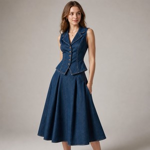 Parisian Anti-Stress Denim Set: Sleeveless Bustier &amp; Pleated Midi Skirt - Lightweight Linen Blend Women's Summer <strong>Outfit</strong> - Product Image 1