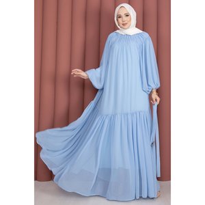 Vestido de Gasa Azul Celeste Modesto con Cinturón con Detalle Fruncido, Cintura Imperio y Silueta en A - Product Image 3
