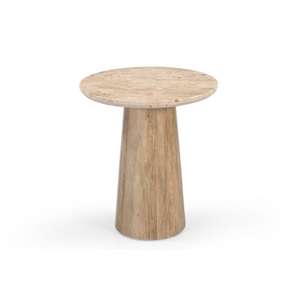 Mesa auxiliar de madera de mango y mármol travertino italiano 100%, mesa de café y auxiliar de diseño moderno hecho a mano para dormitorio con Detalles - Product Image 2