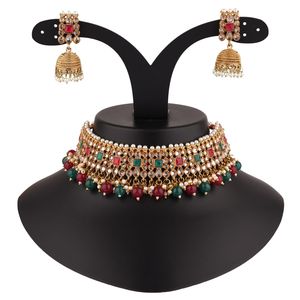 Trang Sức Truyền Thống Ấn Độ Vòng Cổ Choker Ngọc Trai Giả Pha Lê Kundan Bộ Bông Tai Lủng Lẳng Jhumka Đám Cưới Cô Dâu, Nhiều Màu - Product Image 3
