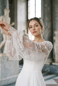 Tela de encaje bordada estilo bohemio para novias, apliques de satén, material para vestido, manga larga, cuello redondo, textil para vestido de novia - Product Image 4