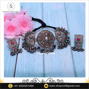 Collier ras du cou oxydé en argent indien ensemble collier de créateur de paon bijoux femmes et fille pour collier de mariage - Product Image 3