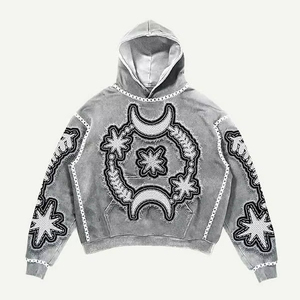 Sudadera con capucha unisex de estilo francés con bordado 3D, holgada, para hombre, con parches multicolor y teñido suave en relieve - Product Image 3