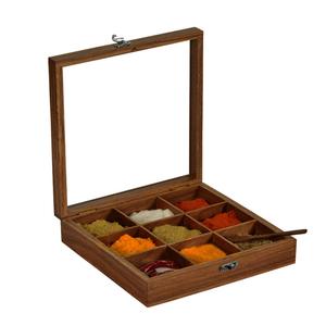 Boîte à épices en bois artisanale à 9 compartiments, en bois d'acacia, avec couvercle et cuillère, organiseur d'épices de cuisine - Product Image 3