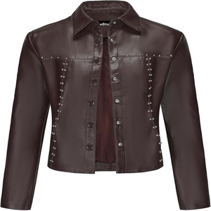 Femmes à la mode Slim Fit Faux cuir Moto Biker manteau hiver coupe-vent solide PU veste avec Rivet décoration recadrée respirant - Product Image 5