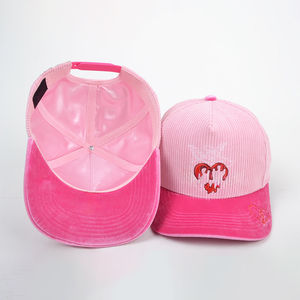 Factory custom high quality 3D puff embroidered Curved Brim satin <b>lined</b> Corduroy baseball cap - Product Image 5