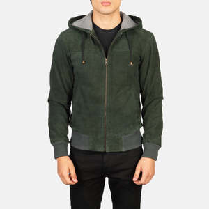 Nintenzo Green Hooded <b>Suede</b> Bomber <b>Jacket</b> Vintage Style Embroidered Zippered XS to 6XL Sizes for Autumn and Spring Seasons - Product Image 4