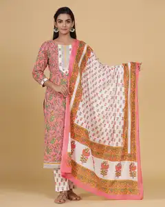 Recién llegado, Ropa Étnica para mujer lista para usar, Color rosa, Jaipuri, algodón, bloque de mano, estampado Kurta con pantalón y conjuntos Dupatta