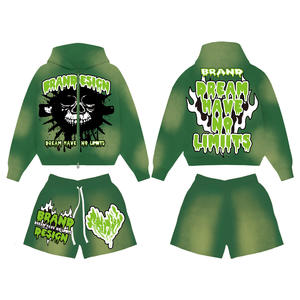 2025 Acid Wash Stone Zip Up Hoodie And Shorts <b>Set</b> Boxy Fit Street Wear 100% Cotton Hoodies & Short <b>Sets</b> - Product Image 6