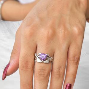 Bague de mariage chrétienne pour femme en argent sterling 925 massif de qualité supérieure, améthyste violette naturelle de 10 mm, coupe trillion, motif feuille - Product Image 4