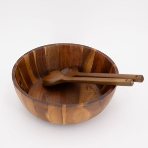 Juego de 3 ensaladeras grandes de madera de acacia de la más alta calidad con utensilios para servir, ensaladera de madera maciza natural para frutas y pasta - Product Image 1