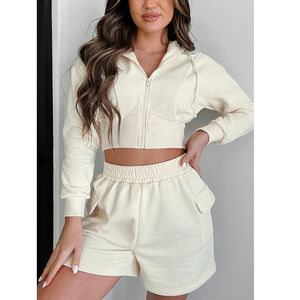 Conjunto de Sudadera de Alta Calidad con Hombros Caídos, Manga Larga, Top Corto para Mujer, Sudadera con Capucha Ajustada con Cremallera y Pantalones Cortos - Product Image 1