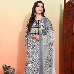 Ensemble Kurta Pantalon Dupatta pour Femmes en Coton Mélangé à Imprimé Géométrique, Longueur Cheville, Col en V, Manches Trois Quarts, Gris - Product Image 1