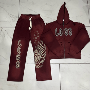 Ensemble survêtement pour homme personnalisé, sweat-shirt et pantalon de survêtement délavé à l'acide, coupe-vent, fermeture éclair, jogging long, survêtement en strass, hiver - Product Image 1