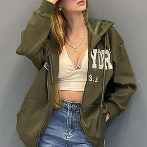 Sudadera de algodón de gran tamaño 2025 para mujer, Sudadera con estampado de manga larga con capucha y cremallera de farol, estilo de calle con logotipo frontal para Otoño/Invierno - Product Image 4