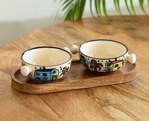 Cuencos para servir de cerámica pintados a mano The Hut con bandeja de madera, Juego de 2 cuencos para servir para pasta, frutas, ensaladas o palomitas de maíz - Product Image 2