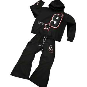 เสื้อฮู้ดดี้และกางเกงวอร์มทรงบานแบบลำลอง ปี 2025 ผลิตตามสั่ง ผ้าฝ้าย 100% ทรงหลวมไหล่ตก สไตล์ฮิปฮอป สำหรับทุกเพศและสตรีทแวร์ - Product Image 4