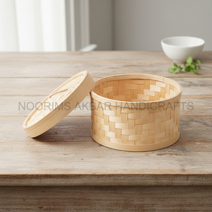 Eco Friendly Handcrafted <b>Bamboo</b> Storage <b>Container</b> with Lid Crisscross Pattern Natural Organizer Home Utility Bulk Supplier - Product Image 2