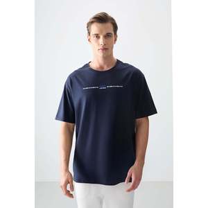 <b>Navy</b> <b>Blue</b> 100% Cotton Thick Soft Textured Oversize Fit Printed <b>Men's</b> <b>T</b>-<b>Shirt</b> - 88357 - <b>Navy</b> <b>blue</b> - Product Image 4