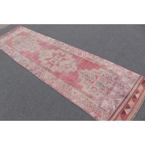 Vintage Rug, 2.8x10.6 ft Turkish Rug, <b>Red</b> White Ikat <b>Wool</b> Rug - Product Image 4