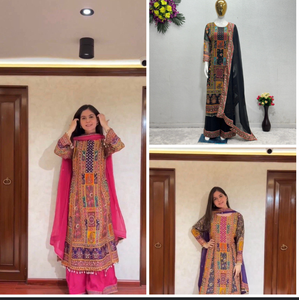 ชุดสูท Palazzo สีดำสำหรับผู้หญิงพิมพ์ลายดิจิทัลพร้อมกระจกทำด้วยมือจริงผ้าจอร์เจียฟัซน้อยลงสำหรับงานปาร์ตี้ - Product Image 5