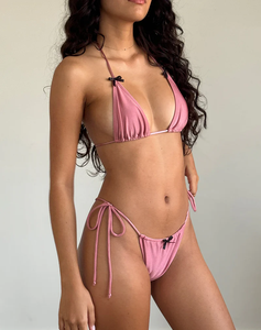 Wholesale Women's Swimsuit Sexy Two Pieces Beachwear Swimwear Bathing Suit Shimmer <strong>Pink</strong> <strong>Bikini</strong> <strong>Sets</strong> with Black Bow - Product Image 3