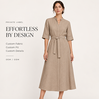 Robe chemise mi-longue en lin tissé personnalisée pour l'été, respirante, lavable, faible MOQ, OEM, couleur unie, décontractée pour femme, vente en gros