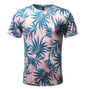 T-shirt à manches courtes pour homme, col rond, imprimé feuilles tropicales, coupe classique, respirant, 100% polyester, style décontracté - Product Image 1