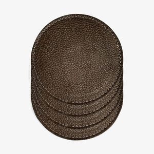 Ensemble de 4 sous-verres ronds en cuir véritable 100% avec tapis de table de cuisine en cuir et tampons en verre et tasses - Product Image 1
