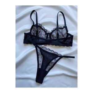SET di reggiseno ricamato nero floreale blu, biancheria intima SEXY da donna, biancheria intima fantasia in TULLE di pizzo