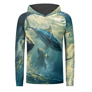 Upf50 + Protección solar Sudaderas con capucha de pesca de secado rápido Camisas de pesca de manga larga de poliéster para hombres con impresión de sublimación con capucha - Product Image 1