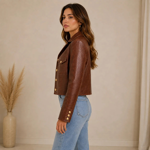 Premium <b>Women's</b> <b>Vintage</b> Brown Cow <b>Leather</b> Trucker <b>Jacket</b> Cropped Fit Gold Button Front Flap Chest Pocket Luxury Streetwear - Product Image 3