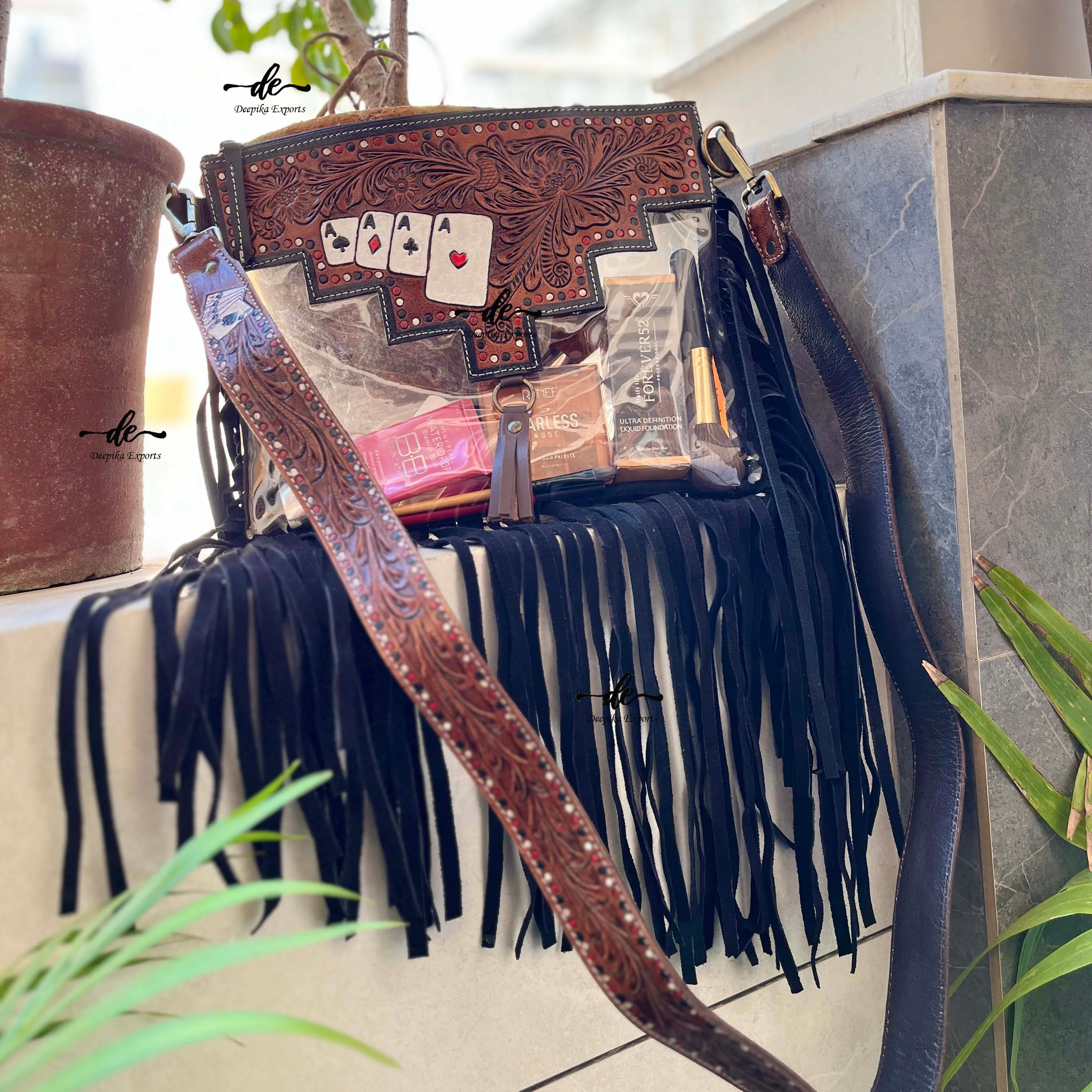 Western Fringe Transparent Clear Bag Stylish Hand Tooled Carving Leather Purse Multi Uses Leather Bags For Women's Multi Use