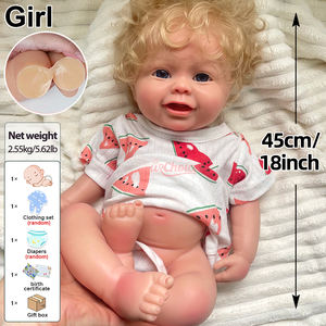 Muñeca Bebé Reborn <span class=keywords><strong>de</strong></span> Silicona con Cabello Rubio Rizado <span class=keywords><strong>de</strong></span> 18 Pulgadas, Boca Abierta Sonriente, <span class=keywords><strong>Ojos</strong></span> <span class=keywords><strong>Azules</strong></span> y Extremidades Suaves - Product Image 4