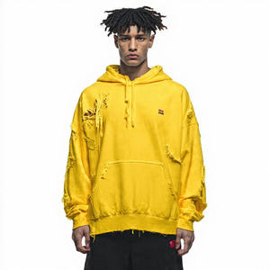 Winter Zipper Embroidered Fleece Distressed Oversized <b>Hoodie</b> for <b>Men</b> with Drop Shoulder - Product Image 5