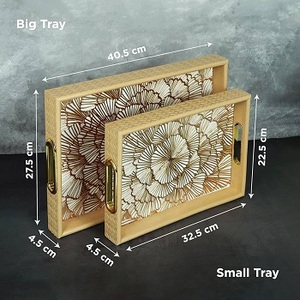 Best Quality Custom Walnut Wood Coffee Refreshment Wooden Serving Tray Set With Metal Handles with <b>Enamel</b> Printed Serving Tray - Product Image 3