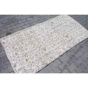 พรมวินเทจตุรกี ขนาด 3.2x6.3 ฟุต (97x191 ซม.) พรมขนสัตว์สีขาวลายปะติด - Product Image 3