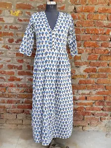 Hand Block Printed 100% Cotton Indian Dress Casual <b>Tunics</b> and Long Gown with Embroidered Decoration" - Product Image 2