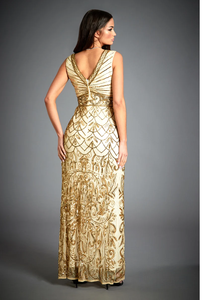 Robe cintrée vintage élégante sur toute la longueur en maille poly sans manches col en V gaine perlée brodée paillettes motif cristal - Product Image 2