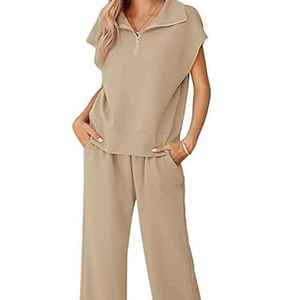 Ensemble de vêtements décontractés confortables pour femmes, personnalisé par OEM, composé d'un pull sans manches lourd et d'un pantalon large assorti - Product Image 1