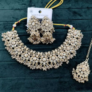 Conjunto de Joyería Tradicional India, Collar, Pendientes Maang Tikka para Boda, Gargantilla de Plata con Diamantes - Product Image 1