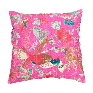 Juego de 2 Fundas de Cojín Cuadradas Estilo Boho de 16x16 Pulgadas, con Diseño Floral y de Aves en Color Rosa, Impresas Digitalmente y Cosidas con Kantha, para Sofá o Cama - Product Image 2