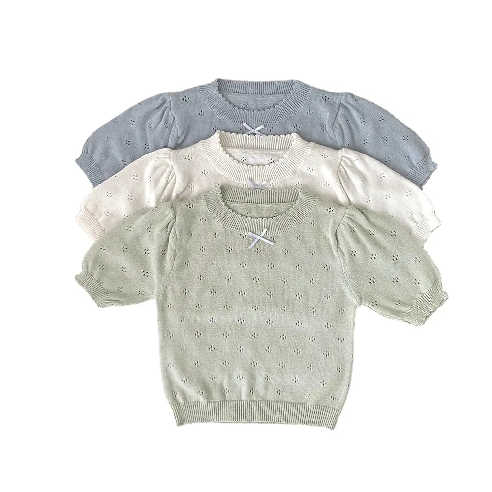 Schattige Zomer Hot-Selling Holle Dunne Schattige Pullover T-Shirt Gebreide Strik Trui Met Korte Mouwen Voor Meisjes En Kinderen