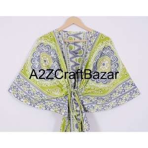 Vestido Kaftan Corto 100% Algodón Puro para Mujer, Estilo Bohemio, Estampado Floral, para Playa, Verano, Informal, Ligero, Lavable, Primavera, Cómodo - Product Image 2