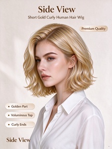 Perruque courte 100% cheveux humains, couleur dorée, pointes bouclées, ligne de cheveux naturelle, perruques douces en cheveux humains pour femmes, mode quotidienne - Product Image 2