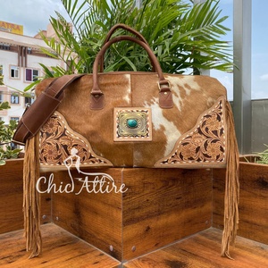 Venta caliente diseño floral con gran capacidad turquesa piedra flecos equipaje bolsa mano cuero de vaca multifuncional para mujeres - Product Image 1